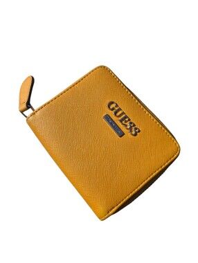 Guess Mustard Yellow Zip Around Wallet | Compact Bifold Coin Purse | Saffiano St